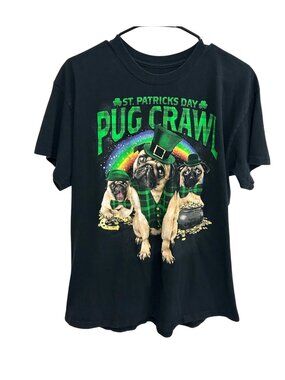 St. Patricks Day Large Pug Crawl Graphic Black T-Shirt Kitschy Nostalgia Core